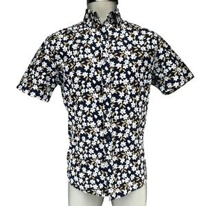 MICHAEL KORS Slim Fit Floral Stretch Cotton Short Sleeve Navy Tan White Shirt S